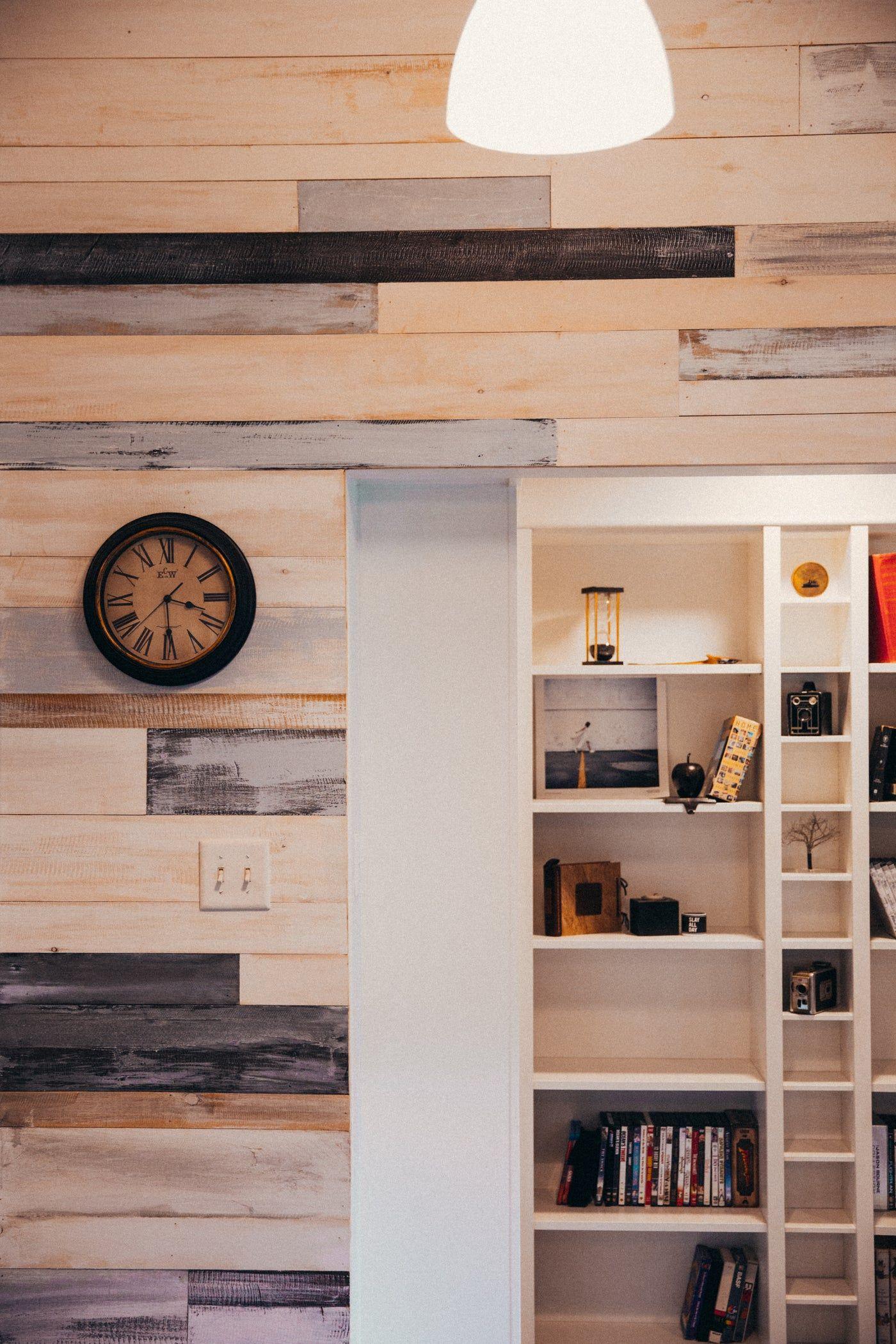 Finished living space with built-in shelving